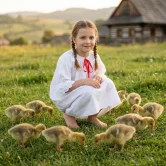 Dievča v slovenskom kroji pasie husičky