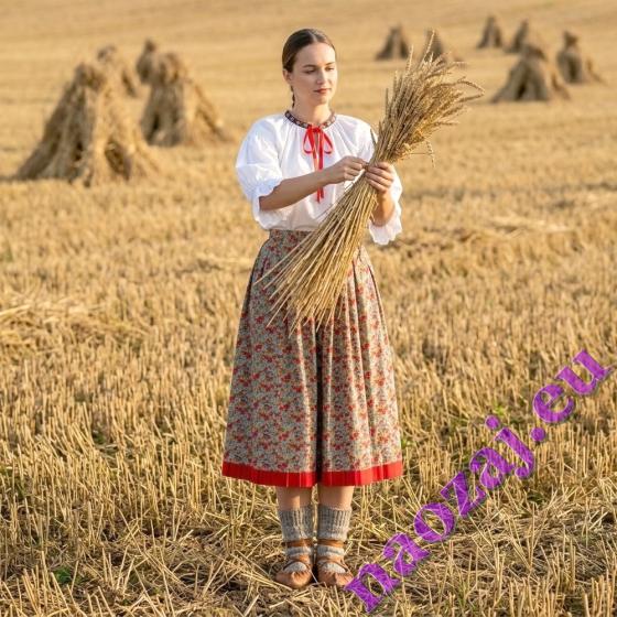 Jesenný zber úrody -žena v Slovenskom kroji