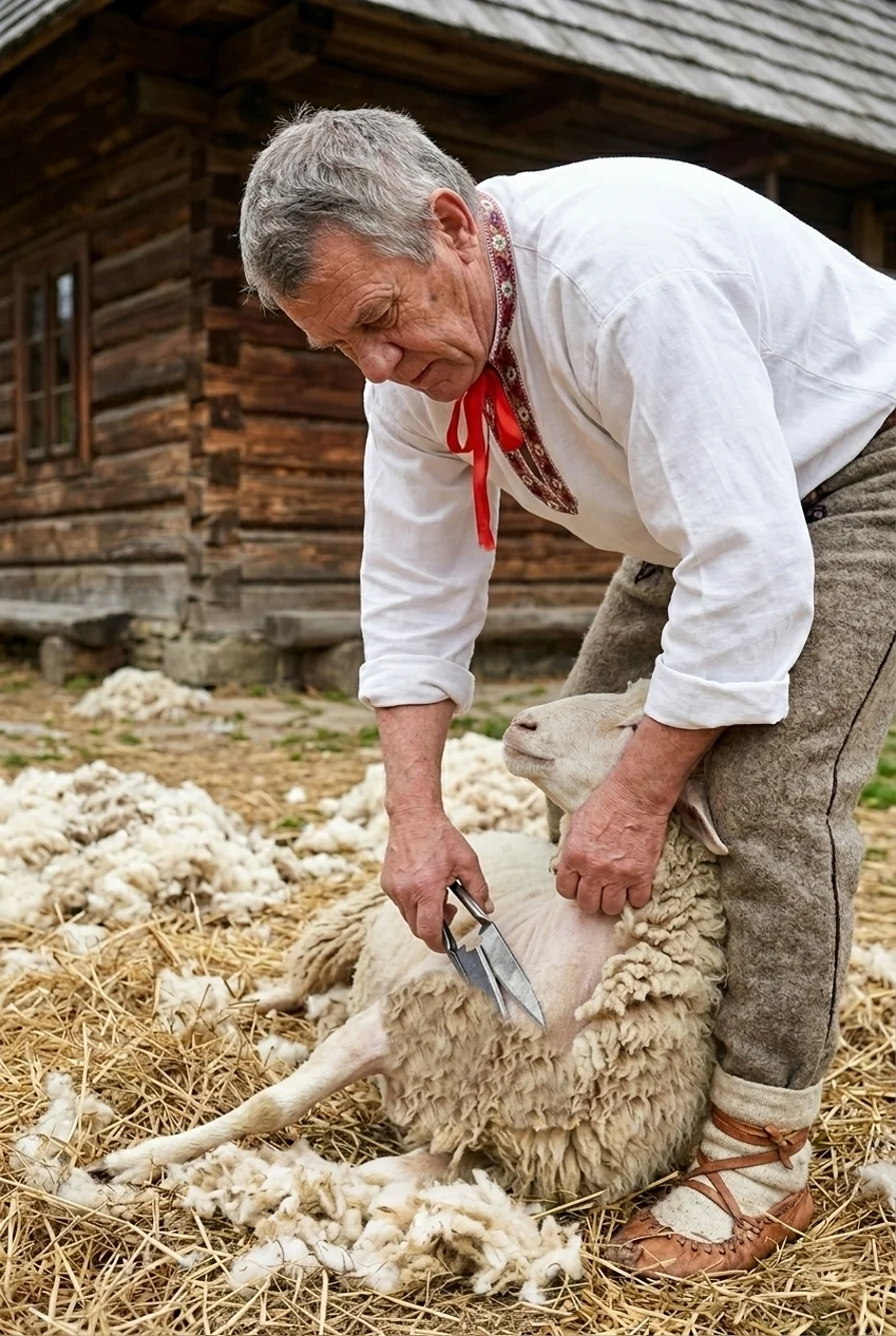 Strihanie ovce - bača v Slovenskom kroji strihá ovcu pred kolibou