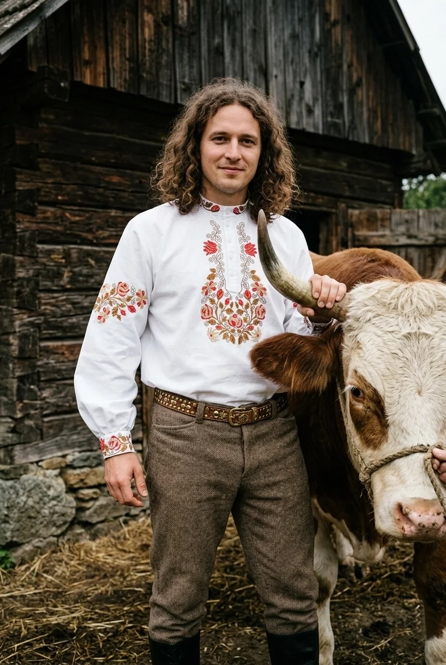 Horal v slovenskom kroji vedie býka ku krave
