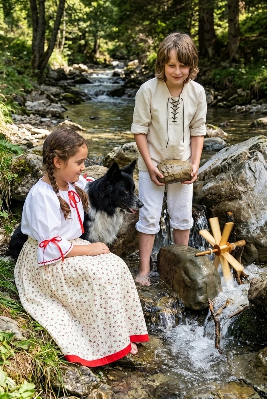 Deti sa hrajú pri potoku a sú oblečení v Slovenských krojoch