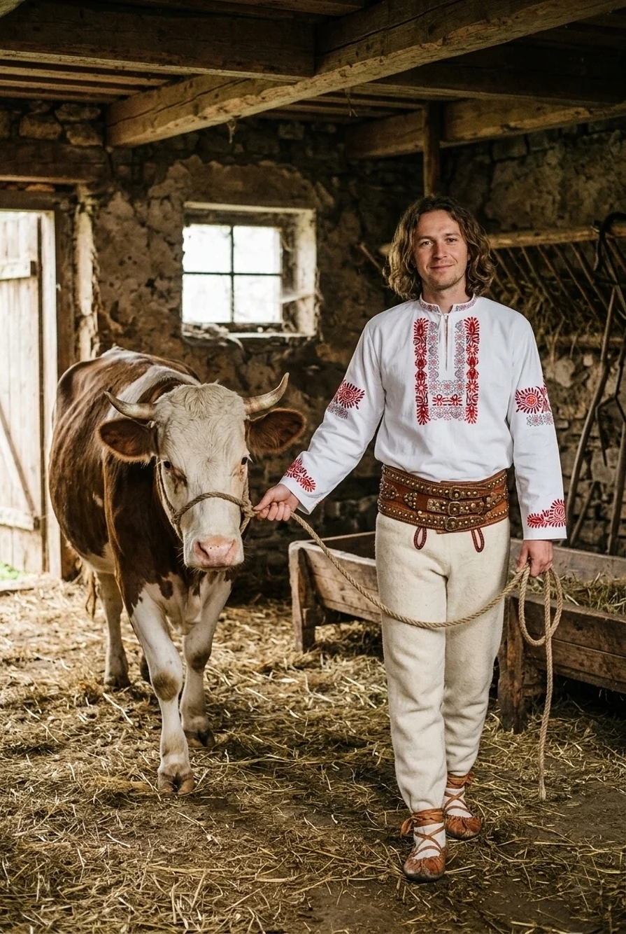 Gazda v slovenskom kroji vedie kravu do chlieva