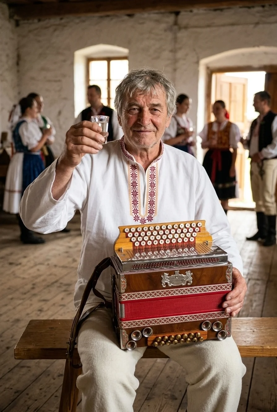 Heligonkár v slovenskom kroji pripíja na zdravie folklóristom