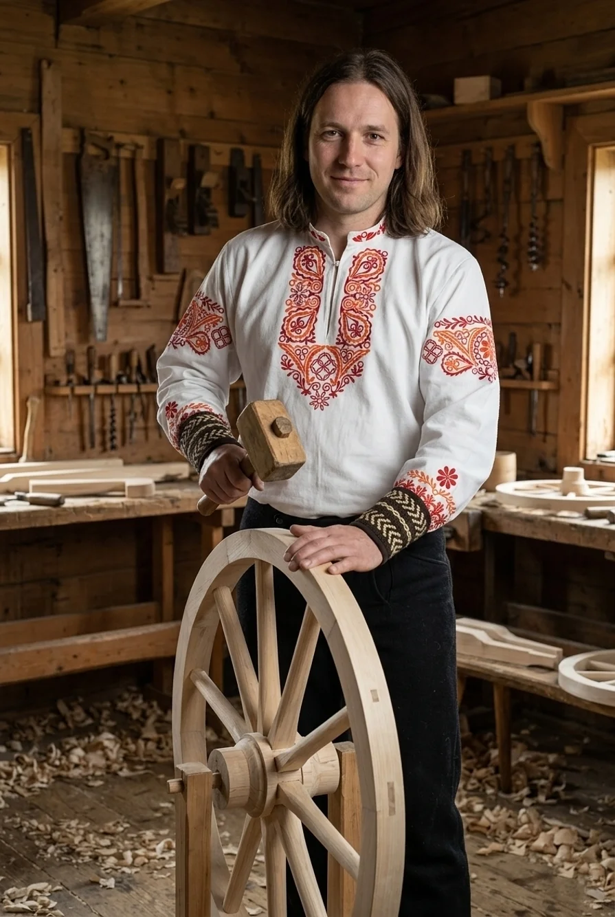 Remeselník kolár v slovenskom kroji dokončuje výrobu dreveného kolesa