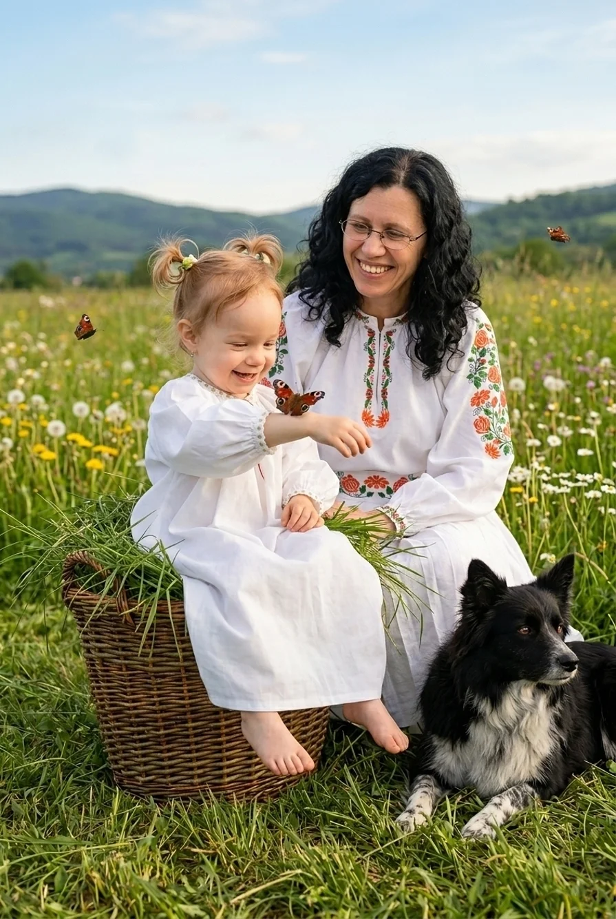 Žena v Slovenskom kroji s dieťatom sedia na lúke