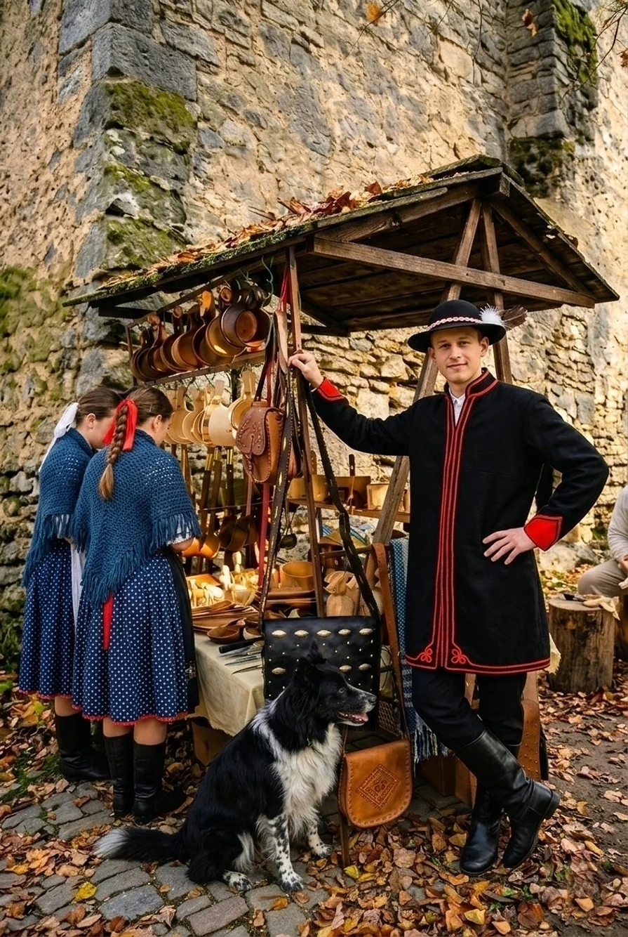 Goral v kroji predáva na trhu svoje ľudové výrobky