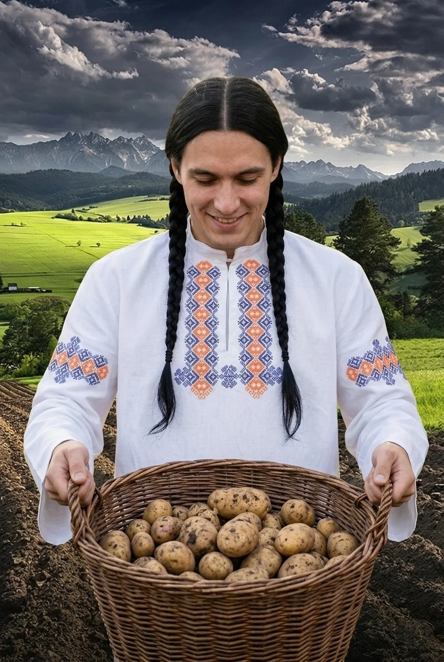 Poľnohospodár v slovenskom kroji ukazuje svoju úrodu zemiakov