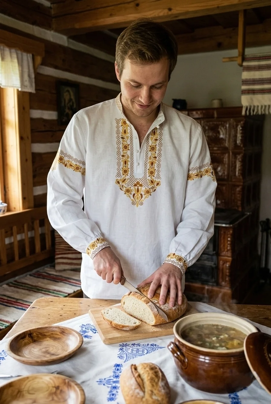 Otec rodiny v slovenskom kroji pripravuje večeru a krája chlieb