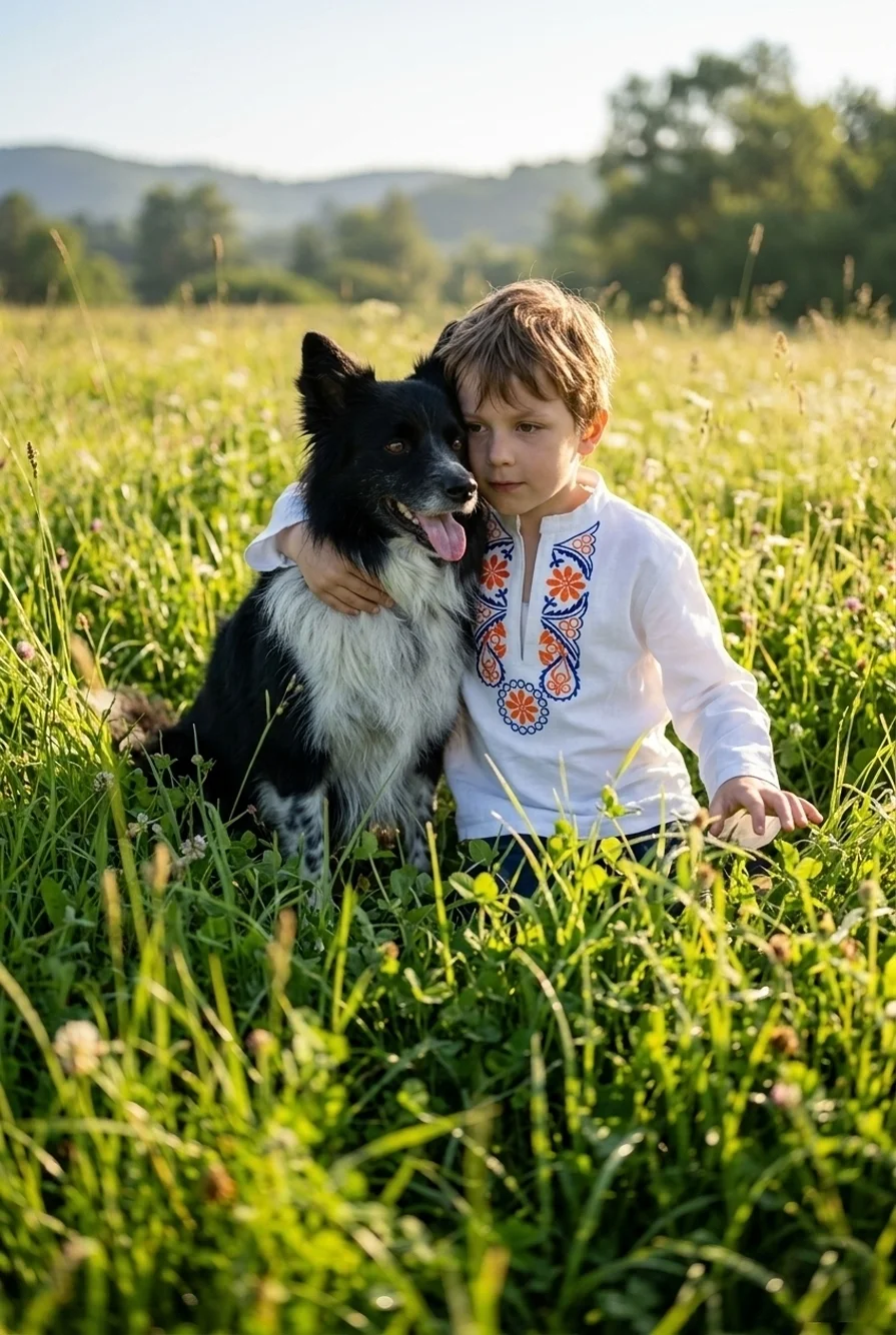 Chlapec vo vyšívanej krojovej košeli v objatí so psom