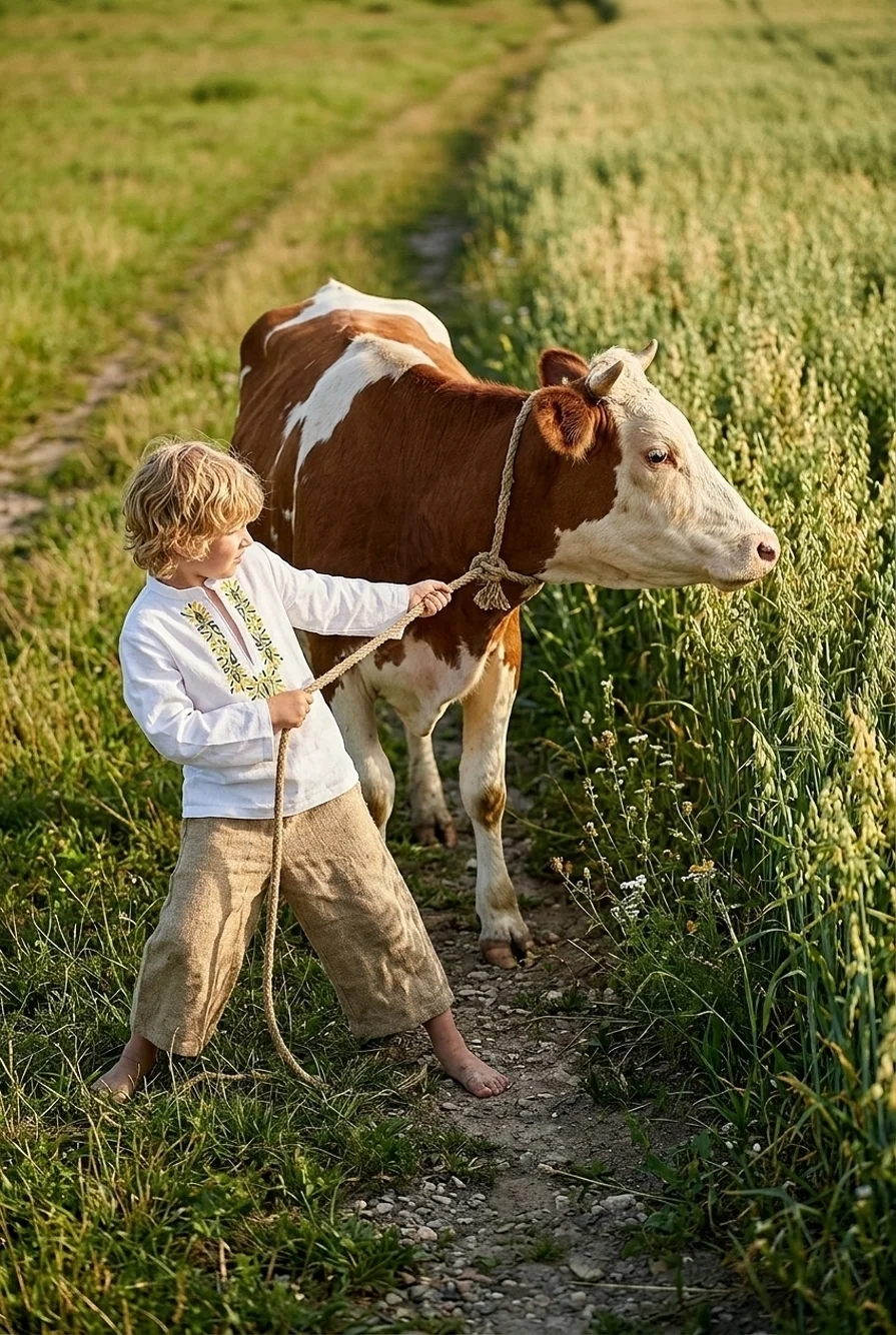 Chlapec pasie kravu a má oblečený Slovenský ľudový kroj s vyšívanou košeľou