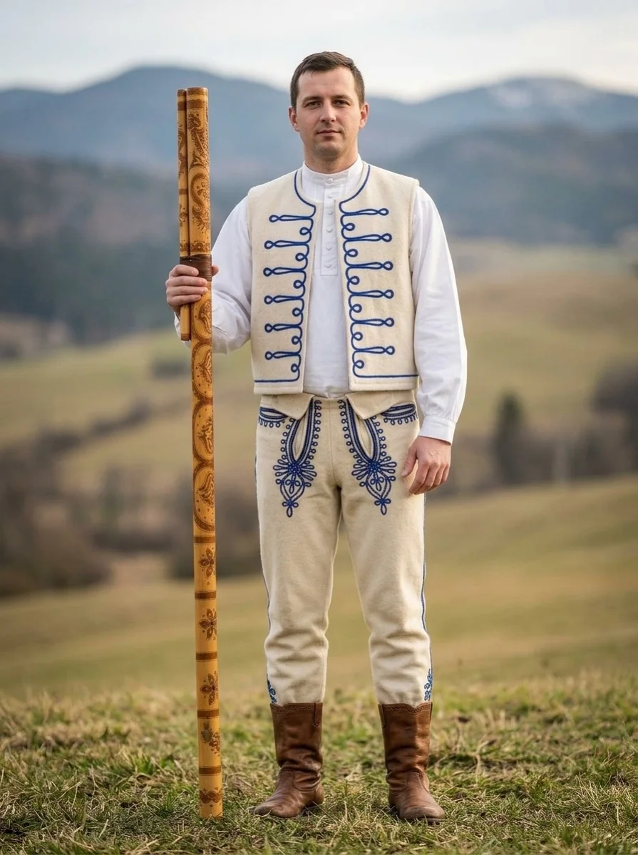 Stredoslovák v ľudovom kroji a fujarou v ruke