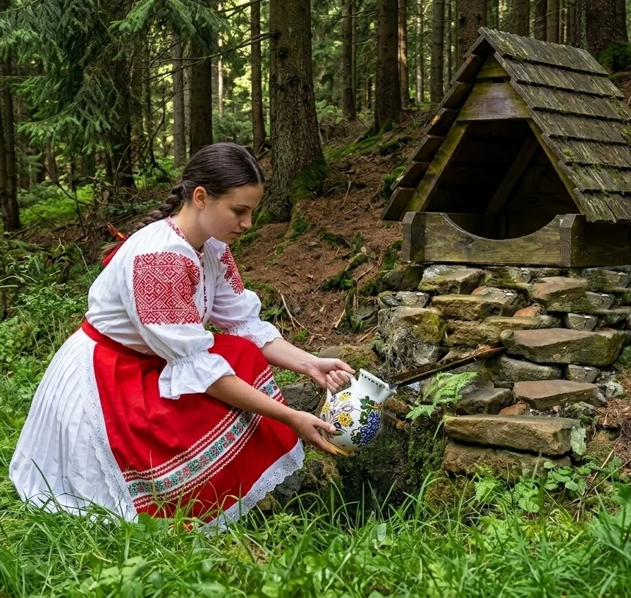 Slovenské dievča v kroji naberá do džbána vodu z lesnej studničky
