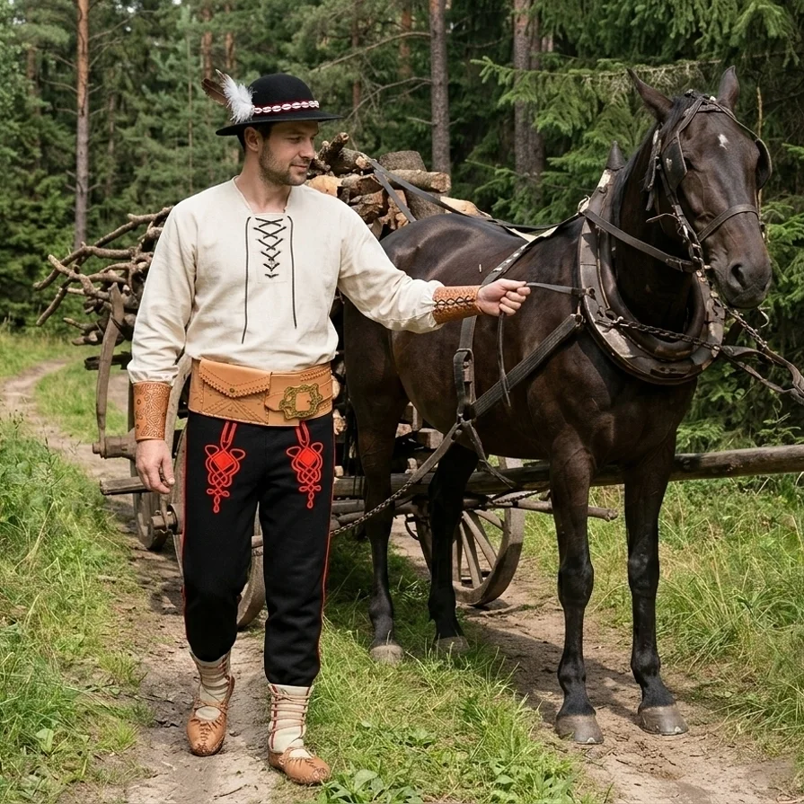 Goral oblečený v kroji odváža drevo z lesa a vedie koňa z povozom po lesnej ceste