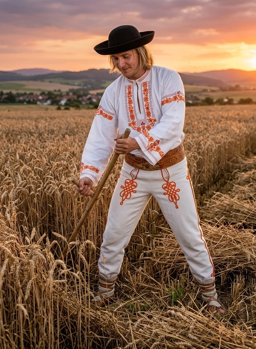 Jesenné kosenie pšenice ručnou kosou robí mládenec v Slovenskom kroji