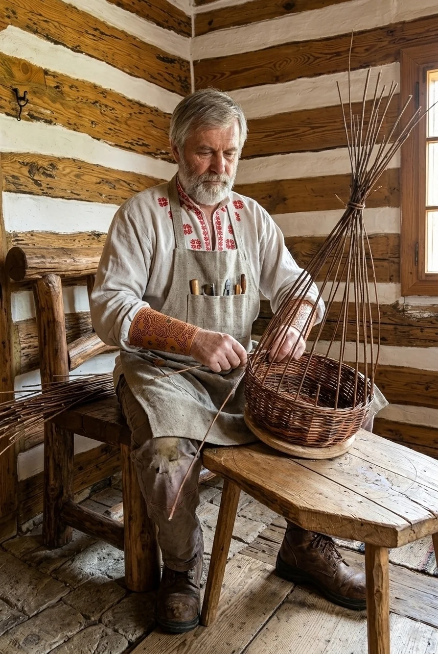 Remeselník košikár pri výrobe košíka a oblečený v Slovenskej vyšívanej košeli