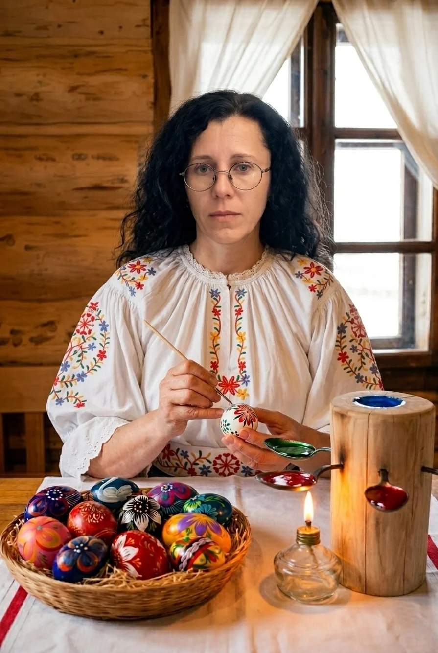 Maliarka veľkonočných vajec a kraslíc pri svojej práci je oblečená vo vyšívaných slovenských rukávcoch