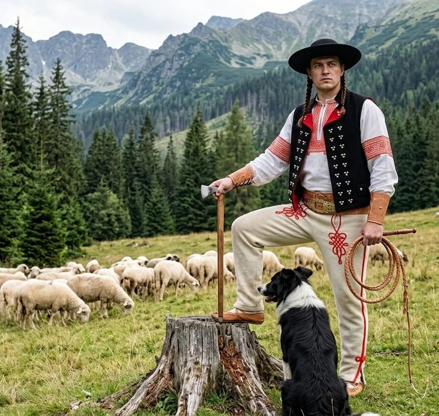 Bača z pod Tatier pri pasení oviec je oblečený v Slovenskom kroji