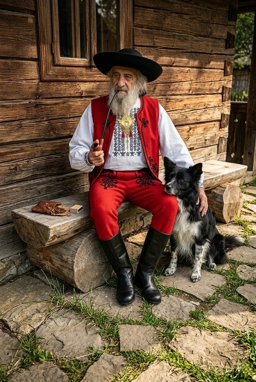 Starý muž sedí na lavičke oblečený v Slovenskom kroji so širákom na hlave