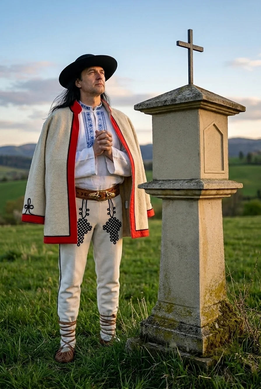 Valach v tradičnom slovenskom kroji sa modlí pri kaplnke