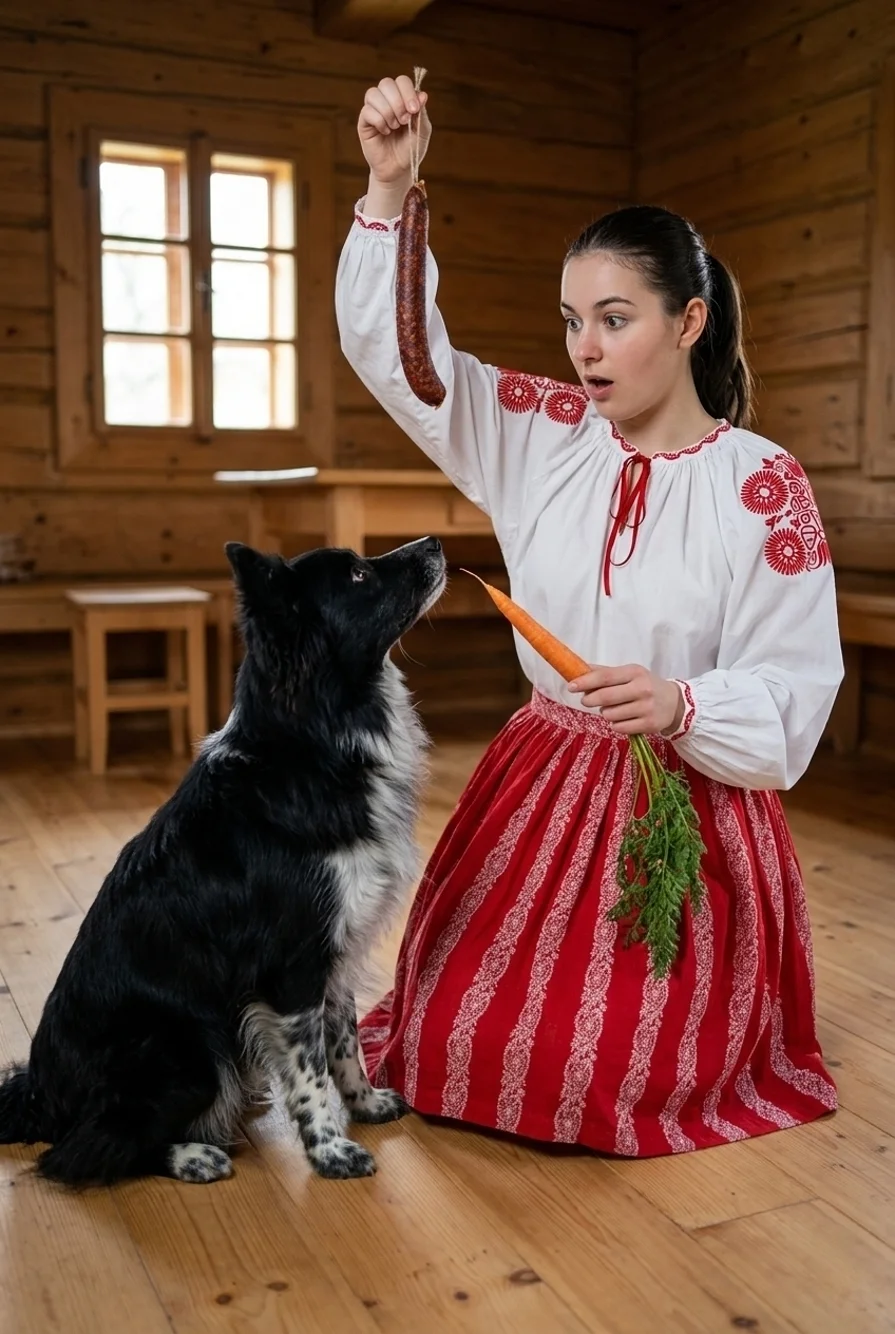 Slovenské dievča oblečené v Trnavskom kroji cvičí pastierskeho psa