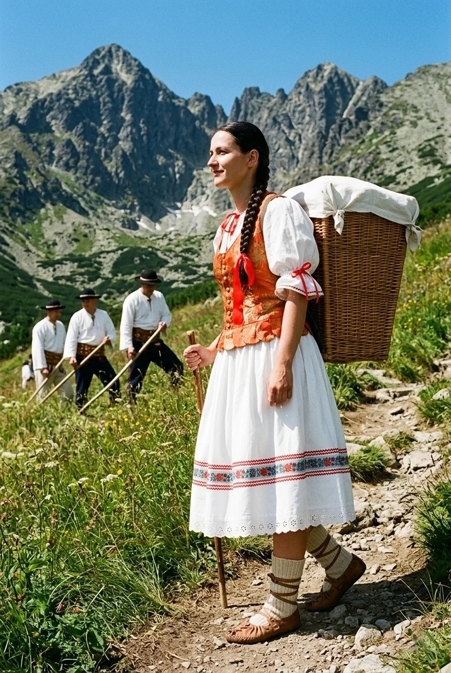 Žena v slovenskom kroji schádza z vysokých hôr do Ždiarskej doliny