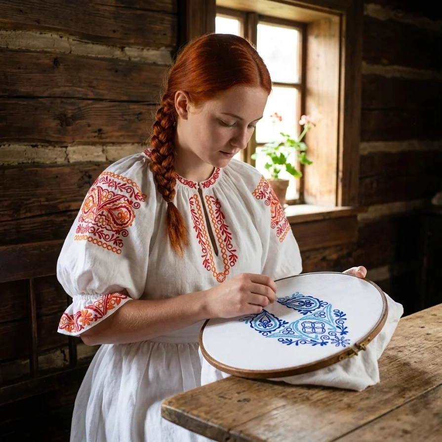 Slovenské výšivky - žena v kroji ručne vyšíva košeľu