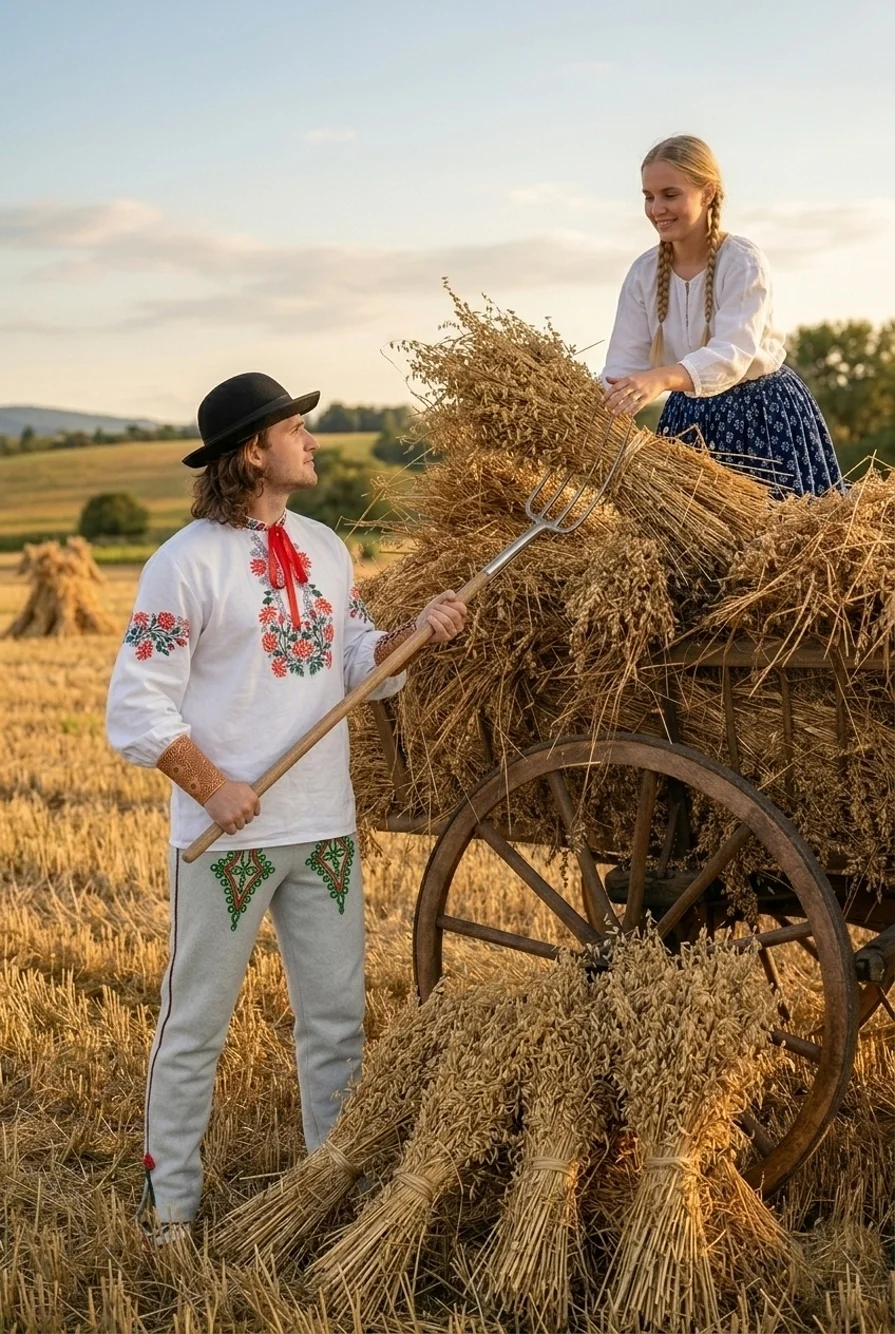 Jesenný zber ovsa - muž so ženou odvážajú ovos z poľa a sú oblečení v krojoch