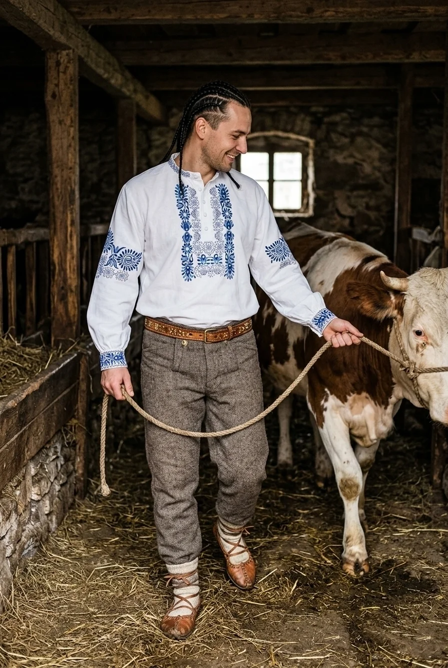 Sedliak v slovenskom kroji vedie svoju kravu na pašu