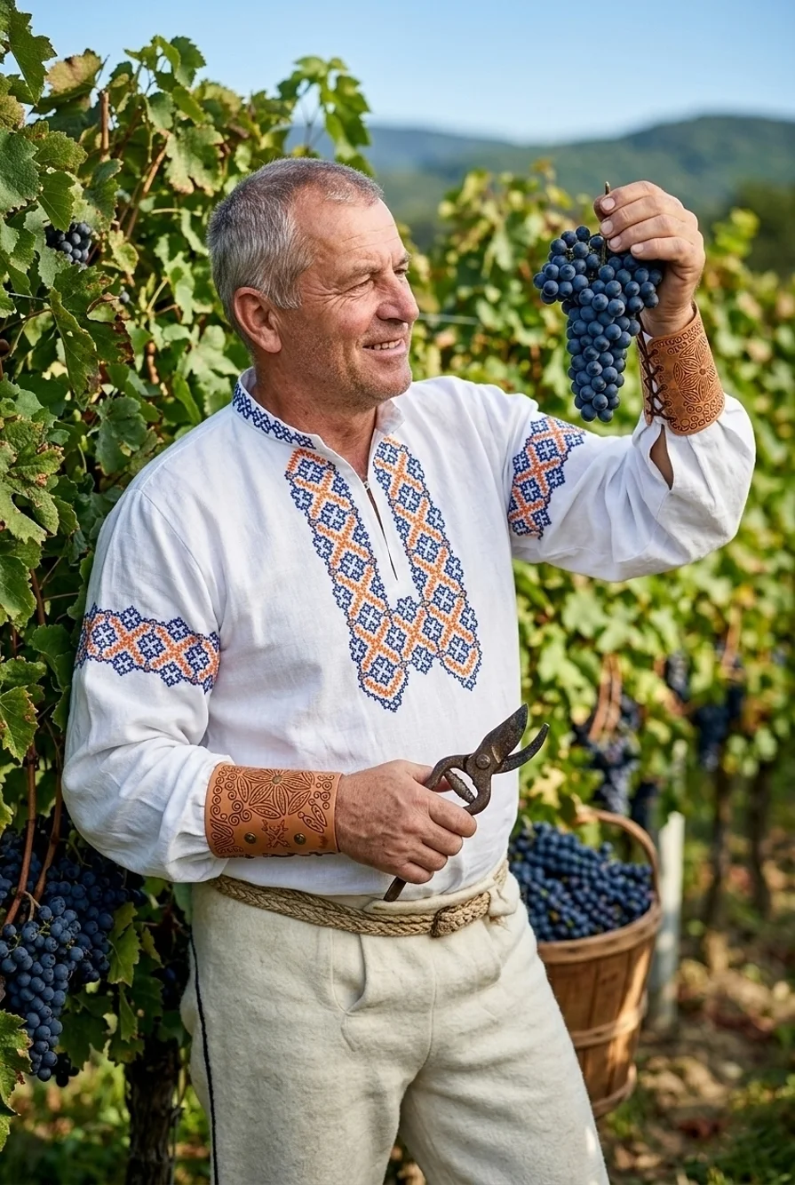 Vinár v slovenskom kroji zbiera úrodu hrozna vo vinohrade