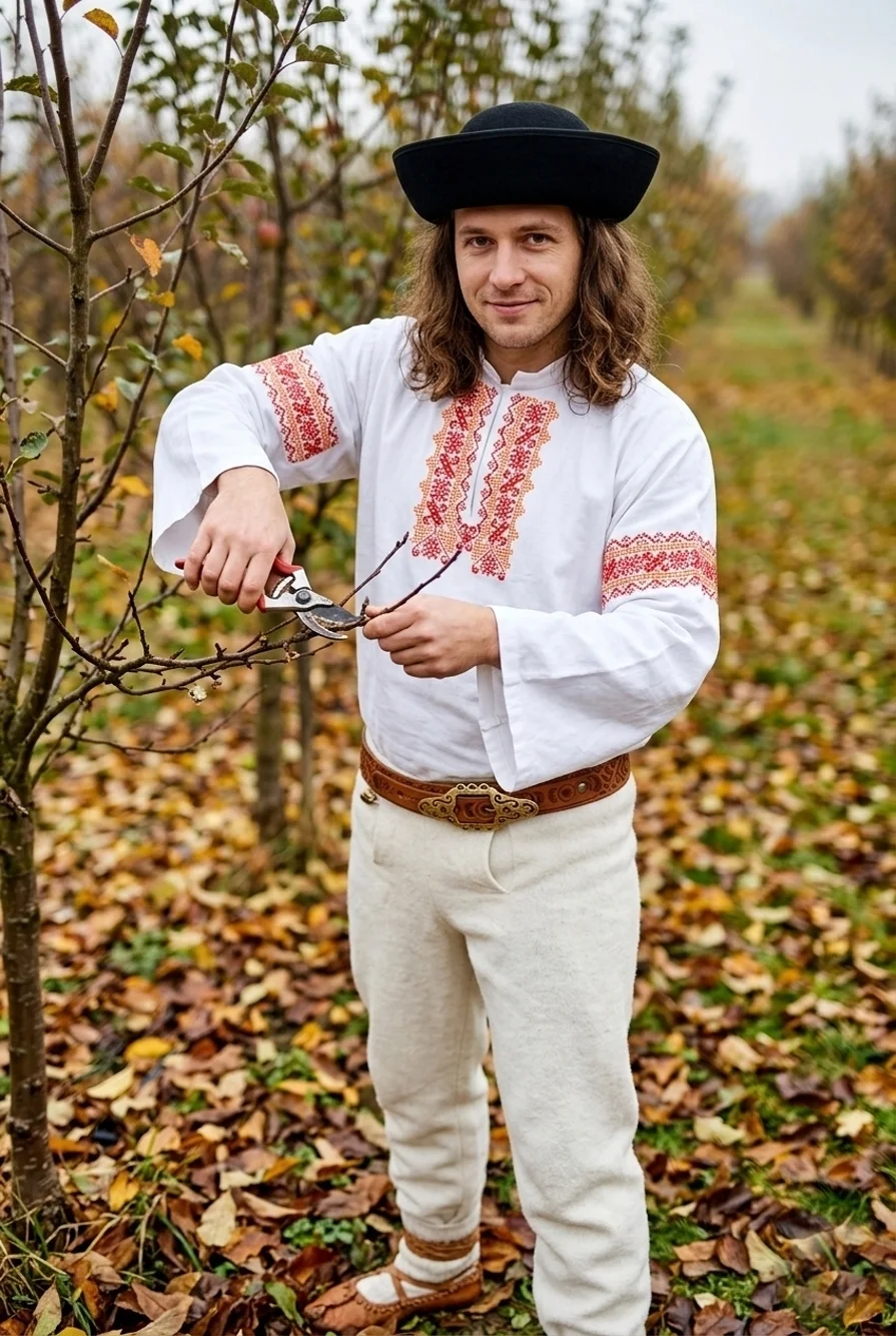Ovocinár v slovenskom kroji vykonáva jesenný strih ovocných stromov