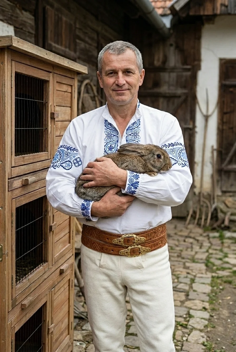 Chovateľ zajacov v slovenskom kroji krmi králikov