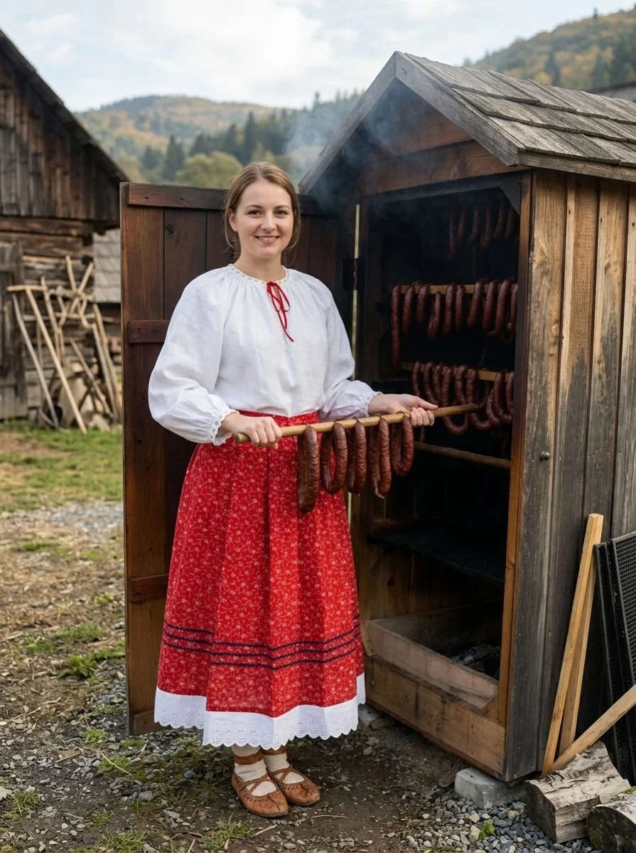 Údenie klobás na slovenskom vidieku v domácej údiarni