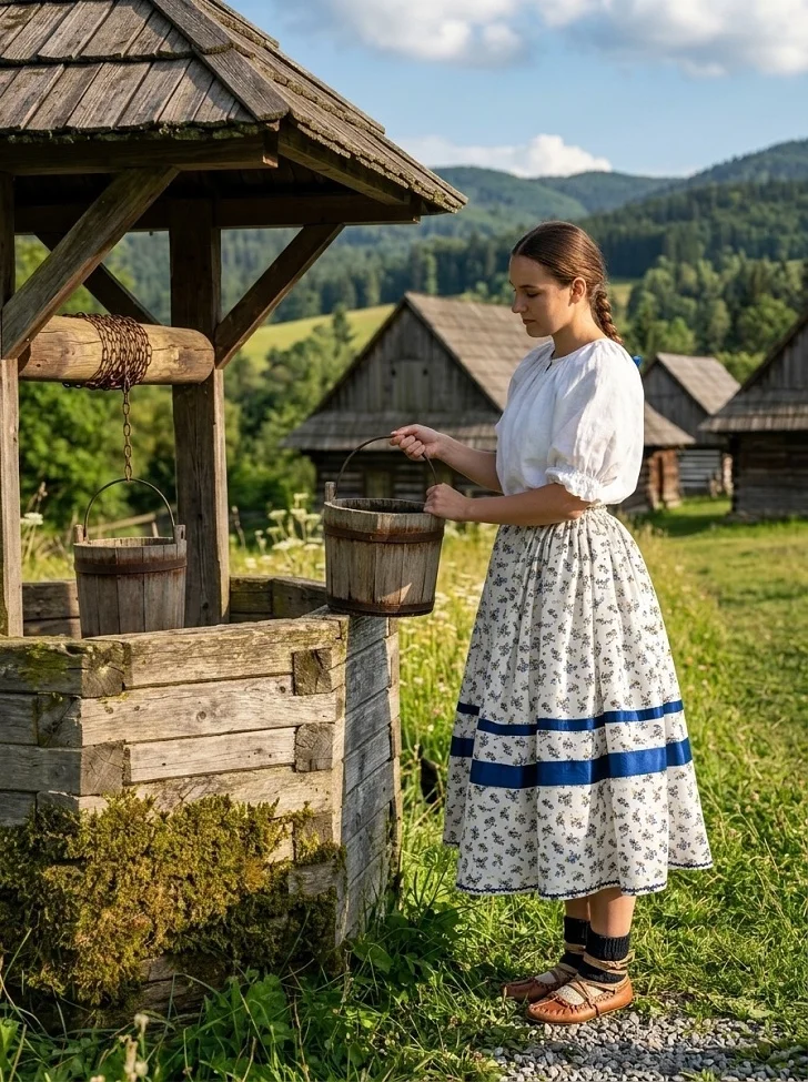 Gazdiná v slovenskom kroji naberá vodu zo studne