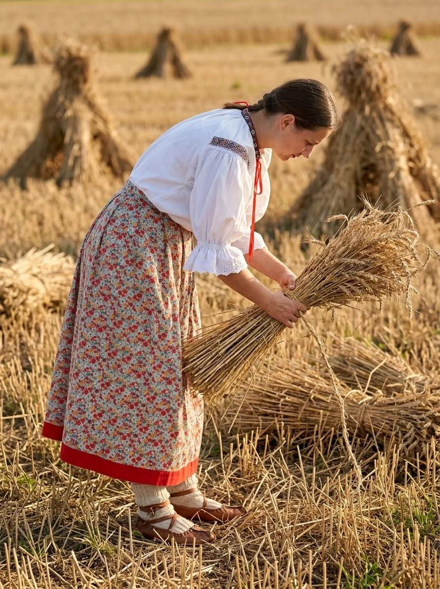 Žena v Slovenskom kroji viaže snop zo pšenice