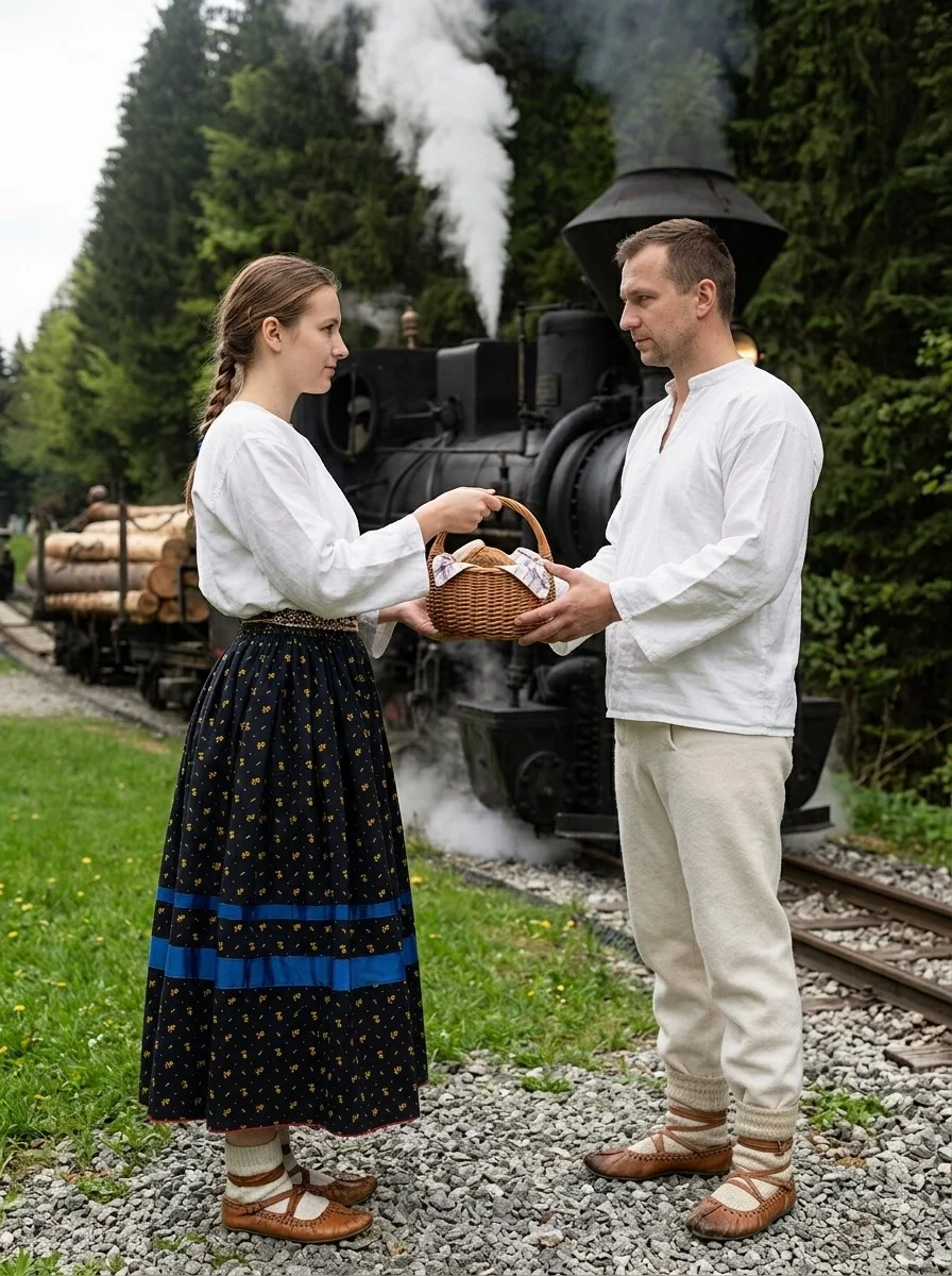 Slovenská rodina v krojoch Kysucká úvraťová železnica
